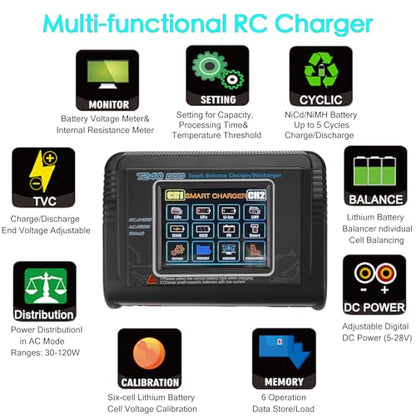 T240 Battery Charger Discharger for LiPo/LiHV/Life/NiMH/NiCd, 3.2’’ Large Touchscreen & Dual Port Available, AC/DC Input & 0.1-10A Adjustable Current