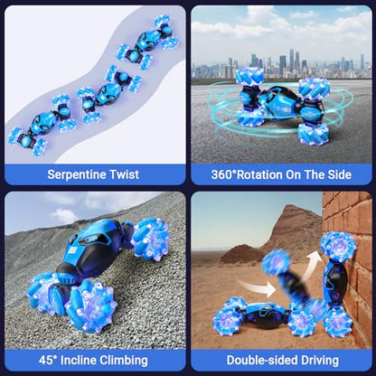 RC Stunt Car Toys for 6-12 Year Old Kids - 4WD Remote Control Watch - Gesture Sensor - Double Sided Rotating RC Car - Lights, Music - Perfect for Boys & Girls' Birthday-(Blue)