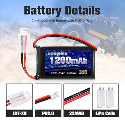 SCX24 Battery 7.4V Lipos 2S 35C(Burst 70C) 1200mAh Rechargeable Lithium Battery with PH2.0 Plug Compatible with Most 1/10, 1/16, 1/18, 1/24 Scale RC Cars Trucks