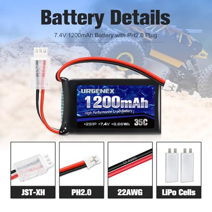 SCX24 Battery 7.4V Lipos 2S 35C(Burst 70C) 1200mAh Rechargeable Lithium Battery with PH2.0 Plug Compatible with Most 1/10, 1/16, 1/18, 1/24 Scale RC Cars Trucks with 1TO2 USB Charger