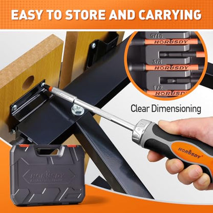 HORUSDY 59pcs Magnetic Nut Driver Set with 6-in-1 Ratcheting Screwdriver Handle, SAE & Metric 1/4 Inch Hex Shank Socket Set for Impact Drill with Quick-release Bit Holder and Extension Bar - style: New-Version