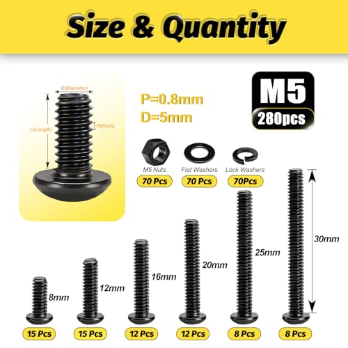 KADRICK 280PCS M5 Screw Kit,Hex Socket Button Head Screws Length 8MM-30MM | M5 Bolts with Nuts Flat & Lock Washers, Class 10.9 Alloy Steel,Black Oxide Finish - size: M5 280Pcs 8-30mm