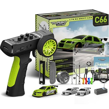 Turbo Racing 1/76 RC Drift Car, RWD Mini Car with Gyro RTR - C66 | Tabletop racing agility, Proportional steering throttle, USB-C rechargeable battery, LED lights extra DIY shells