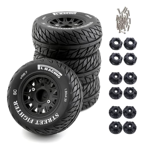 1/10 RC Short Course Truck Tires And Wheels With 12mm 14mm 17mm Hex 113mm 1/8 Rubber Tyres For 1/8 or 1/10 Scale On Road Car HSP Sonic 94102 GT PTG-2 Tamiya TT02 RC Racing Car 4PCS (Black B) - color: Black B
