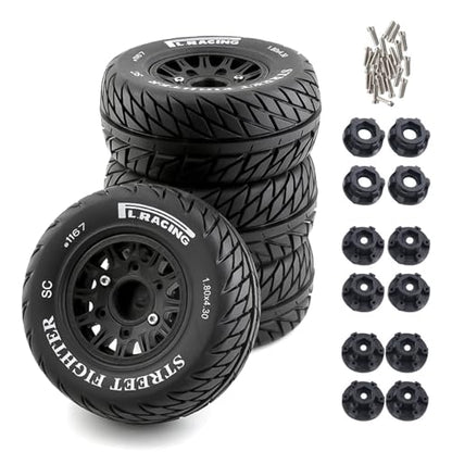 1/10 RC Short Course Truck Tires And Wheels With 12mm 14mm 17mm Hex 113mm 1/8 Rubber Tyres For 1/8 or 1/10 Scale On Road Car HSP Sonic 94102 GT PTG-2 Tamiya TT02 RC Racing Car 4PCS (Black B) - color: Black B