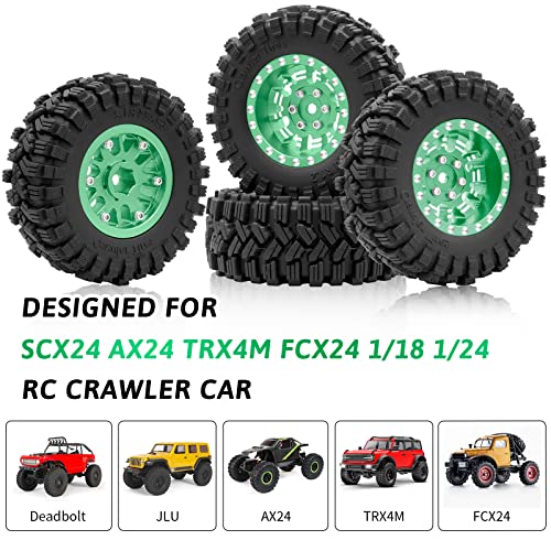 OGRC 1.3" Aluminum Wheels and All Terrain Tires for 1/18 1/24 RC Upgrade | 7mm Hex, Super Soft Compound Tires, for TRX4M SCX24 RC Carwler Car, Green - color: Green