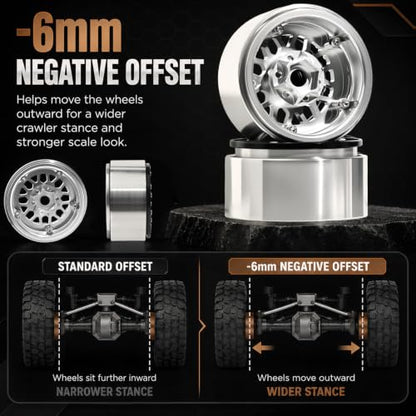 4PCS 1.9" RC Beadlock Wheels with12mm Hex & -6mm Offset Aluminum 30mm Wide Rims for 1/10 RC Crawler, Compatible with TRX4 TRX6 SCX10 SCX10 II III Gen8 RC4WD D90 90046 AXI03007 - color: Black-Silver