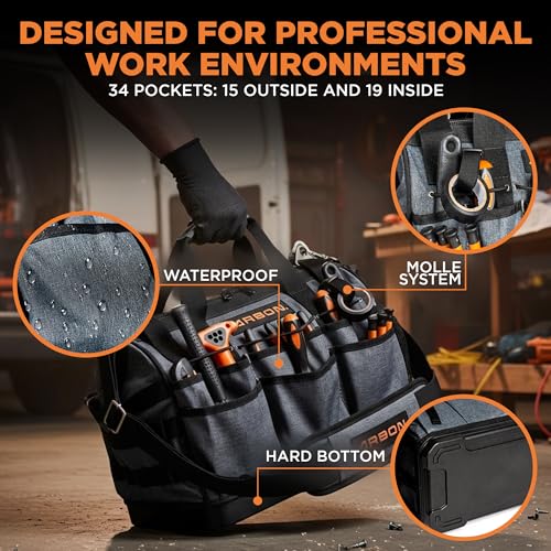Arbon Electrician Tool Bag, Heavy Duty Tool Organizer, 34 Pockets, 52+ lb | Large storage for men, 5-layer reinforced walls, metal frame, hard molded base, water resistant polyester PP plastic, gray