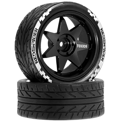REDSPIDER 1/10 On Road Tires and Metal Wheels 12mm Hex RC Rally Racing Tyres OD 2.55" 4PCS for Tamiya TT01 TT02 XV01 TA06 A959 PTG2 HPI KYOSHO PTG2 Traxxas 1:10 Street Touring Drift Car (Black) - color: Black