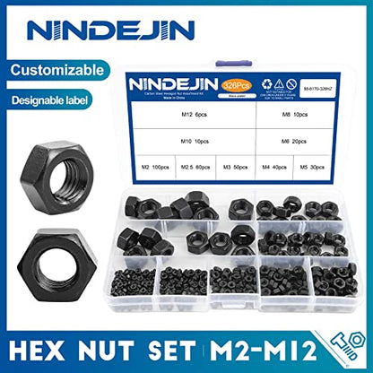 NINDEJIN 326 pcs M2-M12 (9 Sizes) Metric Black Hex Nuts Kit for Screw Bolt | Carbon Steel, Metal Hex Nuts Set, Six-sided Hexagon Nuts, for Locks; Lamps; Toys; Bicycles, Used to Tighten Bolts and Screws