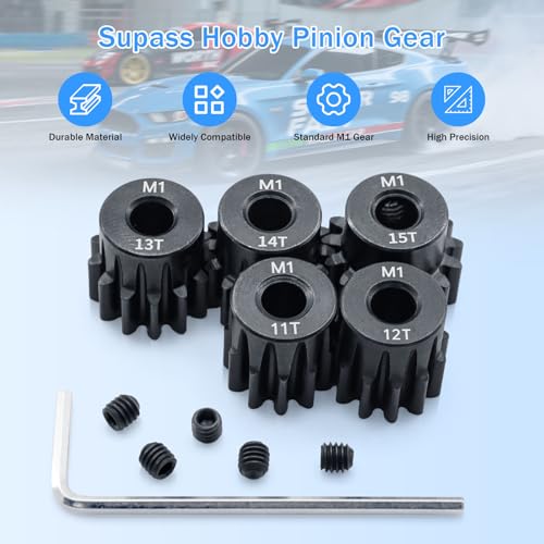 Metal Steel M1 Pinion Gear 11T 12T 13T 14T 15T 5mm Shaft Motor Gears with Hex Key for 1/8 RC Car Brushless Brush Motor Parts - size: 11T 12T 13T 14T 15T