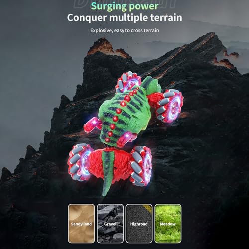 RC Stunt Car, Dinosaur Remote Control Car, 2.4GHz 4WD Gesture Sensing RC Cars with 360° Rotating, Lights and Music, 2 Batteries, Birthday Gifts (Red), HG4-44