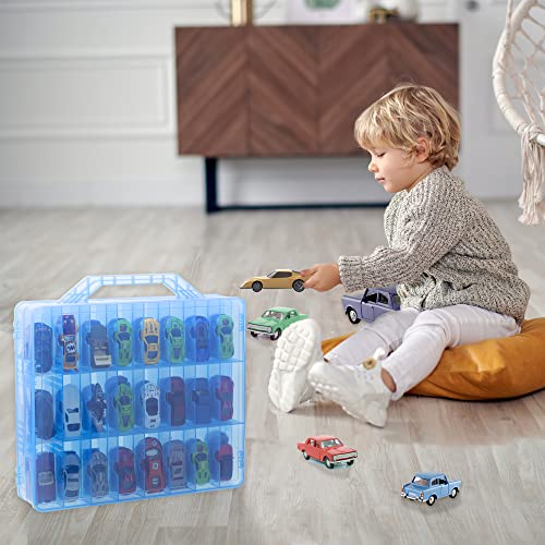 Double Sided Storage Case for 48 Cars, Matchbox Cars, Mini Toys, Small Dolls - Portable Transparent Case (Blue) - color: Blue-48