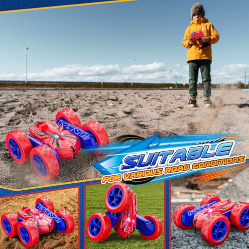 Excitobo Remote Control Car,Double Sided 360° Rotating 4WD RC Cars Toys for 3-12 Year Old Boys 2.4GHz Electric Rechargeable Race Stunt Birthday Halloween Christmas Easter Toys for Boys 4-6 3-4 - color: Red & Blue