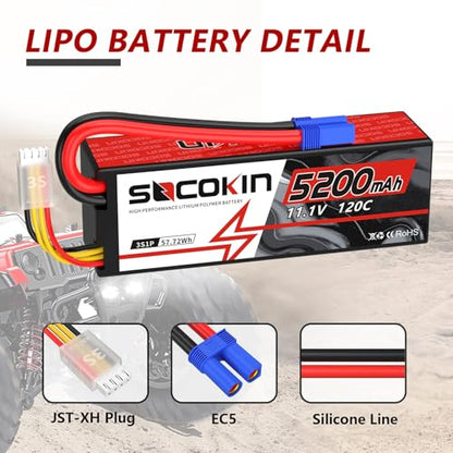 3S 5200mAh Lipo Battery 11.1V EC5 Connector Lipo Battery for RC Car Losi RC Truck RC Boat RC Model 120C Hard Case