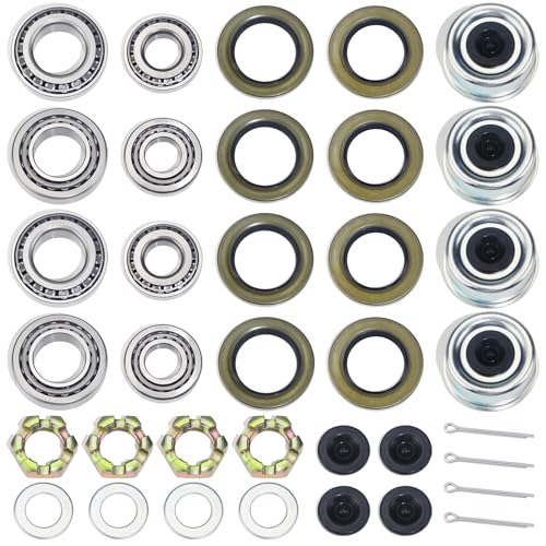 4Sets 25580 14125A Trailer Hub Bearings Kit for 7000 lb D42 Axle | with 21333TB/10-10 22333TB/10-36 Grease Seals, 2.72'' Dust Caps, Cotter Pins, Castle Nuts & Washers, for #42 Tapered Spindle - size: 4Set 25580 14125A Bearing Kit