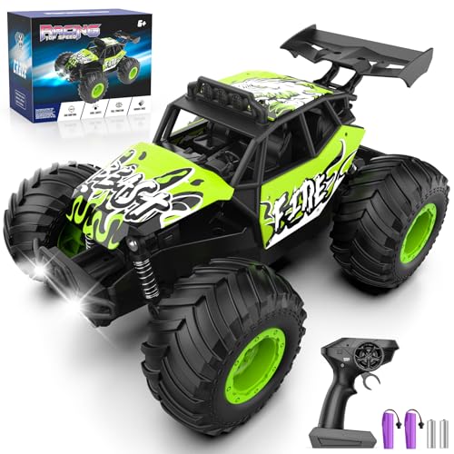 Remote Control Car, All Terrain RC Cars with Speed Switch RC Truck with LED Headlight and Rechargeable Batteries, 20KM/H Monster Truck Toys Gift for Boys 6-8 8-12, Green - color: Green