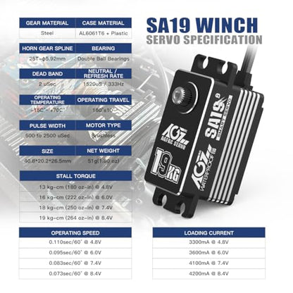 AGFRC 19KG Waterproof Low Profile 1/10 Scale Winch Servo(SA19 Winch) | 0.073Sec, 8.4V HV, Brushless Motor, Programmable, Full Metal Gear, with 25T Metal Winch Horn, for 1/10 RC Cars & Crawlers