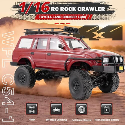 ARRIS WPL C54-1 LC80 1/16 RC Rock Crawler 4WD RTR Truck | Land Cruiser 80 Styling, Upgraded Chassis, Proportional Steering, Trail Ready - color: Wpl C54-1 Red