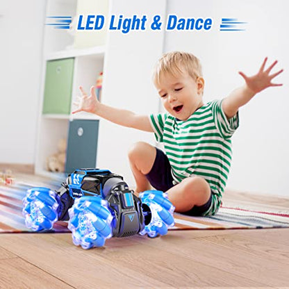 Gesture RC Car, Gesture Sensing RC Stunt Car Toys with Lights & Dance for Kids 6-12 yr, 2.4GHz 4WD Hand Remote Control with Lights Music, Off-Road 360° Rotation Drift for Birthday Toy Gifts-(BLUE)