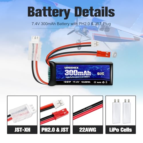 SCX24 Battery 7.4V Lipos 2S 60C(Burst 120C) 300mAh Rechargeable Mini Lithium Battery with JST&PH2.0 Dual Discharge Plug Fit for SCX24 RC Car WLtoys RC Truck and Most Airplane 1TO2 Charger - style: 2PACK with Charger