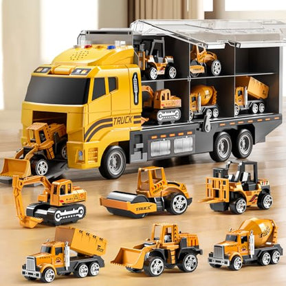 NIPLOOOW Toddler Boys Construction Truck Vehicle Toy Set with Play Mat and Die-Cast Toy Car, Transport Carrier Truck for Kids 3-5, Birthday Gifts Toys for 3-8 Year Old Boys - style: Construction truck