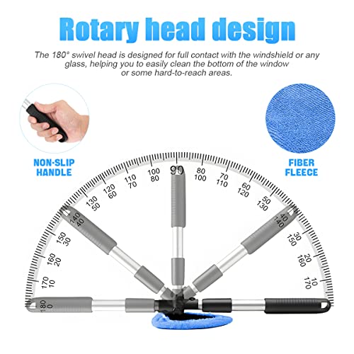 Windshield Cleaning Tool, Car Window Cleaner with Extendable Long Handle and 4 Washable Reusable Microfiber Pads, Auto Interior Exterior Glass Wiper Cleaning Kit Universal for Office and Home (Blue) - color: Blue