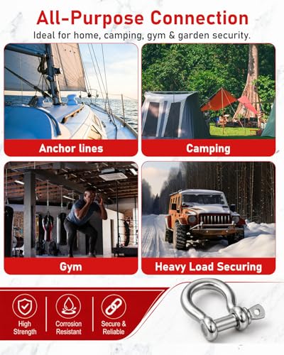 ZORUNNA 6 Pcs 3/8" 304 Stainless Steel D Ring Tow Shackles, Clevis Shackle | Marine Boat Anchor Chain and Line Shackles, for Towing, Engine Lifting, Wheelchair Tie-Downs, Outdoor Rigging - size: 3/8 inch