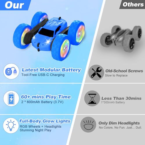 Remote Control Car, Outdoor Toys RC Cars for Kids Ages 6-12, 4WD Double Sided Stunt Vehicle with Upgraded USB-C Modular Batteries, 5 6 7 8 9 10+ Year Old Boy Birthday Blue - color: Blue