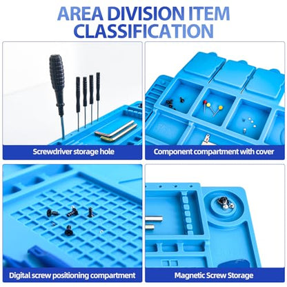 Silicone Soldering Mat 932°F Heat Resistant Repair Pad | Heat-resistant silicone mat with magnetic zones, screw slots and compartments for organized phone, laptop and PCB repairs.