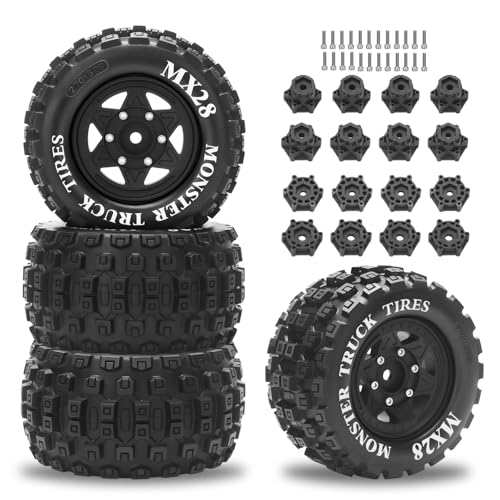 MX28 F/R 2.8" RC Car Tires with 12mm/14mm Hex Adapter RC Wheels and Tires Set 1/10 Scale RC Truck Tires for Arrma Big Rock Granite Traxxas Rustler Stampede VORTEKS 3S 4PCS (Style B) - Black - color: Black