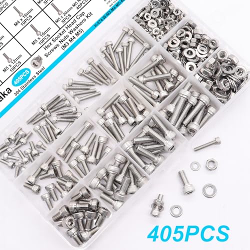 405PCS M3 M4 M5 Metric Screw Assortment Kit, 8-20mm Hex Socket Head Cap Screws Bolts Nuts Washers Assortment Kit, 304 Stainless Steel Metric Bolts with 3 Hex Wrench - size: SS M3 M4 M5, style: Socket Head