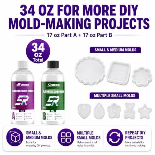 Silicone Mold Making Kit 34 oz, 15A Platinum Silicone Rubber | 1:1 platinum silicone with 30-minute work time, self-degassing flow and 4-hour initial cure for detailed DIY molds. - size: 34 OZ