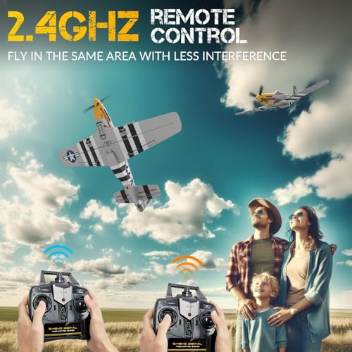 P51 Mustang RC Plane 4 Channel Brushless 500mm for Adults Outdoor | VOLANTEXR RTF RC Airplanes with X-Pilot Stabilizer, 3-Level Flight Mode to Learn, Aerobatic Flight for Fun, 2 Batteries