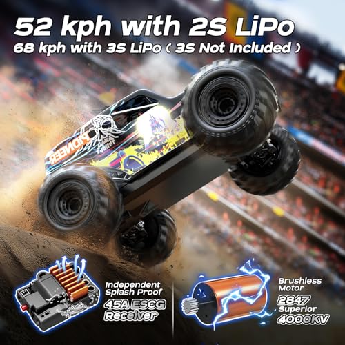 1/14 Brushless RC Cars for Adults, Max 42mph Oil Shock Absorber Electric 4WD High-Speed RC Car, Remote Control car for Adults RC Truck with Two 2S Lipo Batteries, Compatible with 3S Lipo - color: Blue