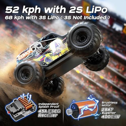 1/14 Brushless RC Cars for Adults, Max 42mph Oil Shock Absorber Electric 4WD High-Speed RC Car, Remote Control car for Adults RC Truck with Two 2S Lipo Batteries, Compatible with 3S Lipo - color: Blue