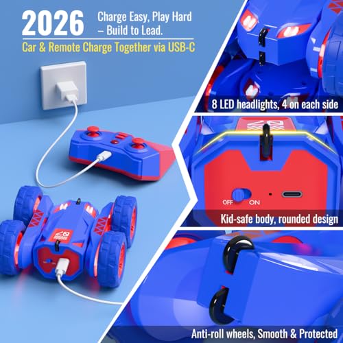 Remote Control Car, Rechargeable RC Cars & Remote Double-Sided Driving 360° Flips Rotating 2.4Ghz 4WD All Terrain Stunt Race Car Toy Christmas Birthday Gift for Kids Boys 3-12 - style: Blue
