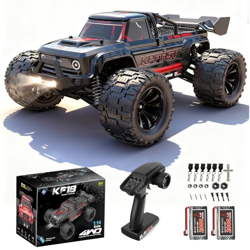 Brushless RC Cars, 1/14 RC Truck, 55km/h High Speed Remote Control Truck | 4X4 Off-Road, IPX4 Waterproof, 2.4GHz Transmitter, 2S/3S LiPo Compatible, Two Batteries 2000mAh