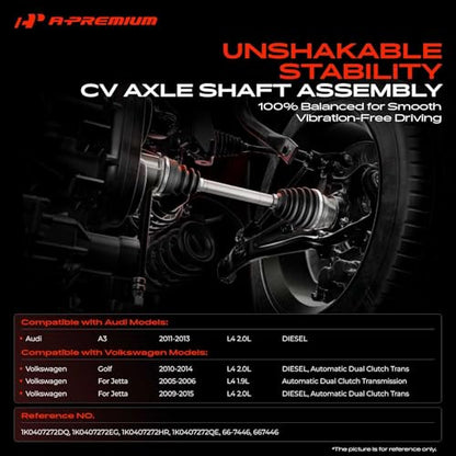 A-Premium Front Right Passenger Side CV Axle Shaft Assembly | Compatible with Volkswagen Jetta 2005-2006/2009-2015, Golf 2010-2014 & Audi A3 2011-2013, 1.9L 2.0L DIESEL