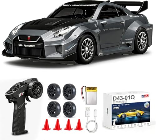 ARRIS 1/43 GTR35 RC Drift Car 4WD with Gyro Full Proportional RTR | Alloy Body, 20KM/H Speed, Extra Drift Tires, Silent Bearings, Type-C Charging - color: Gray-gtr