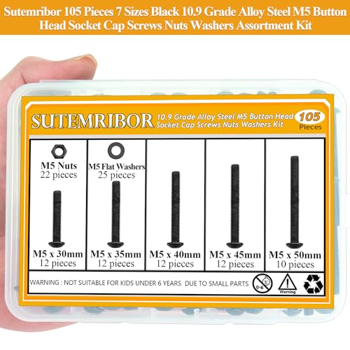 105 Pieces M5 x 30/35/40/45/50mm Button Head Socket Cap Screws Nuts Washers Set Black, Sutemribor M5 Long Screws, M5 Black Screws Nuts Washers Assortment Kit, 10.9 Grade Alloy Steel, Fully Threaded - size: M5 x 30-50mm, style: Button Head
