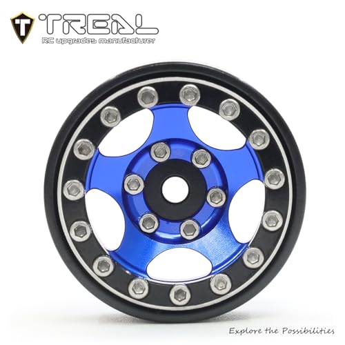 Treal 1.0 Beadlock SCX24 Wheels (4P) Classic 5-Star 1" Micro Bead lock Wheel for Axial 1/24 Dodge Deadbolt Betty C10 Gladitor Bronco 27.3g (Black-Blue) - color: Black-Blue