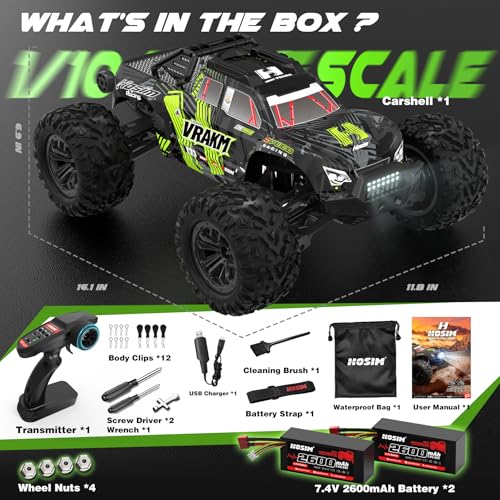 Hosim 1/10 Fast Brushless RC Cars for Adults & Boys 68+ KM/H | Off-Road 4X4 Remote Control Car, RTR Monster Truck, Waterproof All Terrain Hobby RC Truck Toy Gift with Two 2600mAh Lipo