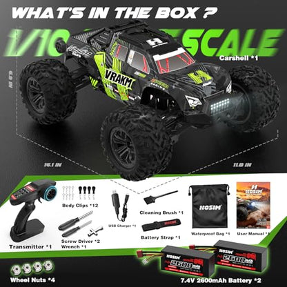 Hosim 1/10 Fast Brushless RC Cars for Adults & Boys 68+ KM/H | Off-Road 4X4 Remote Control Car, RTR Monster Truck, Waterproof All Terrain Hobby RC Truck Toy Gift with Two 2600mAh Lipo