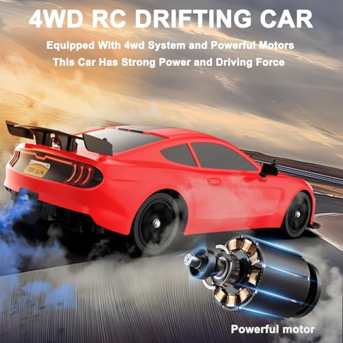 Remote Control Car RC Drift Car 1:16 Scale 4WD 18KM/H High Speed Model Vehicle 2.4GHz with LED Lights Spray Rubber Tire Racing Sport Toy for Adults Boys Girls Kids Gift 2Pcs Rechargeable Batteries - color: H-red
