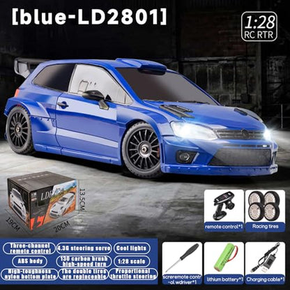 LD2801 Mini RC Drift Car 1/28 Scale RTR Remote Control 4WD Racing Cars with 4PCS Drift Tires and LED Searchlight for Hobby Gift (Blue) - color: Blue