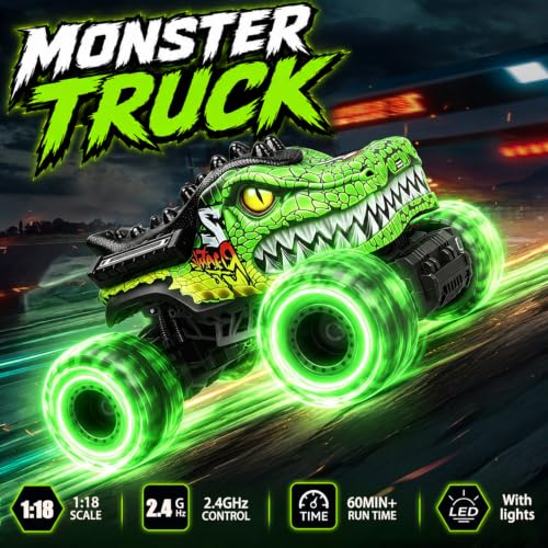 Remote Control Monster Truck Toys for Kids 6-12, Dino RC Car Monster Trucks | 1:18 Scale, Lights, 2.4Ghz, All Terrain Dinosaur Off-Road RC Monster Truck Toys for Kids & Adults, Christmas & Birthday Gifts