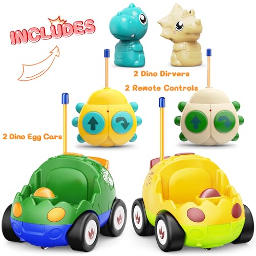 Kidz do 2 Pack Dinosaur Remote Control Cars for Toddlers 2 3 4 5 Years Old - Easter Birthday Gift Ideas for Boys Ages 2-5, Kids Dino Toys RC Vehicle with Lights and Music for Family Fun(Yellow Green) - color: Green&yellow