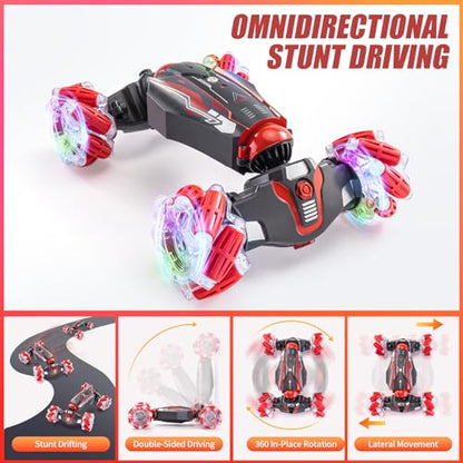 Gesture Sensor RC Stunt Car, RC Twist Car Toy for Kids 5-12 | Dual control: gesture watch + remote. 4WD all-terrain, 360° flip drift, light and music. Good birthday gift for the boy. - color: L-deep Red