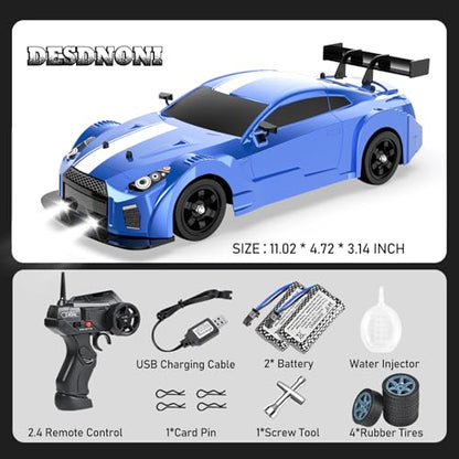 Remote Control Car RC Drift Car 1:16 Scale 4WD 18KM/H High Speed Model Vehicle 2.4GHz with LED Lights Spray Rubber Tire Racing Sport Toy for Adults Boys Girls Kids Gift 2Pcs Rechargeable Batteries - color: C-blue